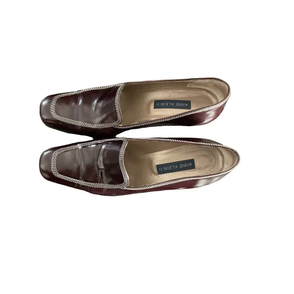 Anne Klein II Leather Heels 8 m Brown ‎ Leather Square Toe White Stitching Italy